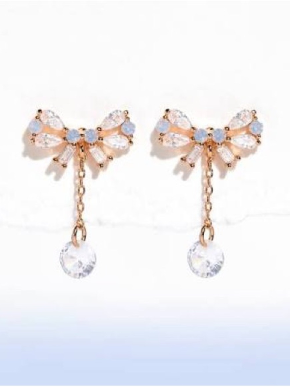 Delicate Gold Bow Drop Crystal Earrings - Women Jewelry